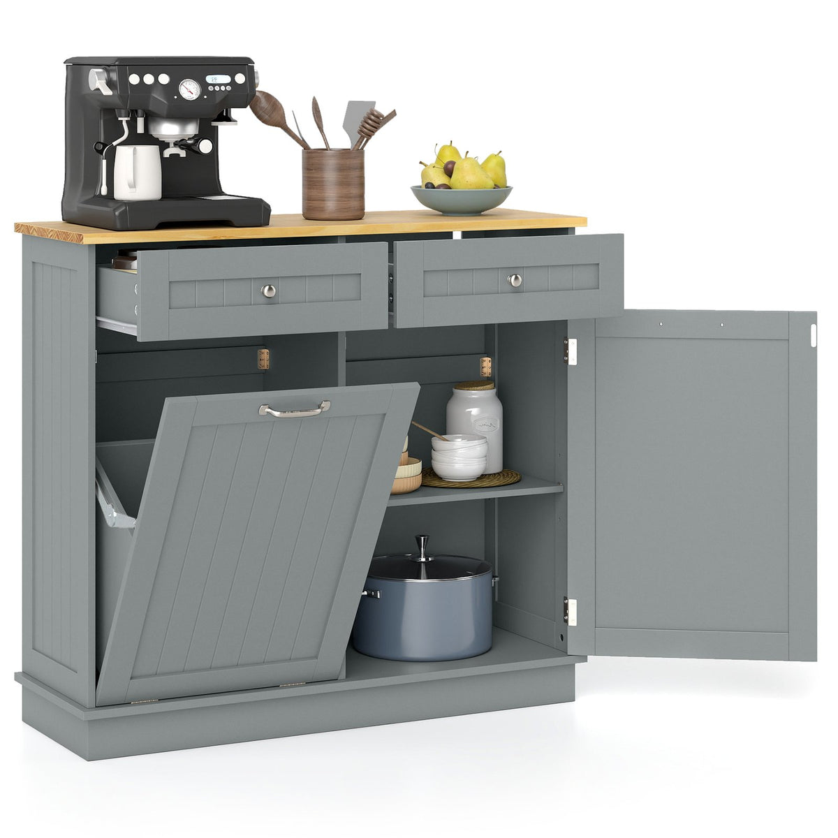 Rubber Wood Kitchen Trash Cabinet with Single Trash Can Holder and Adjustable Shelf-Gray