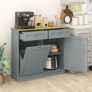 Rubber Wood Kitchen Trash Cabinet with Single Trash Can Holder and Adjustable Shelf-Gray view 2