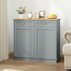 Rubber Wood Kitchen Trash Cabinet with Single Trash Can Holder and Adjustable Shelf-Gray view 3