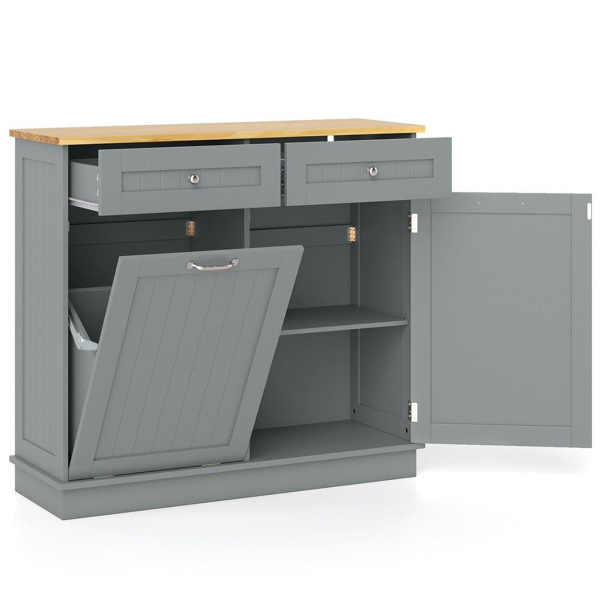 Rubber Wood Kitchen Trash Cabinet with Single Trash Can Holder and Adjustable Shelf-Gray view 4