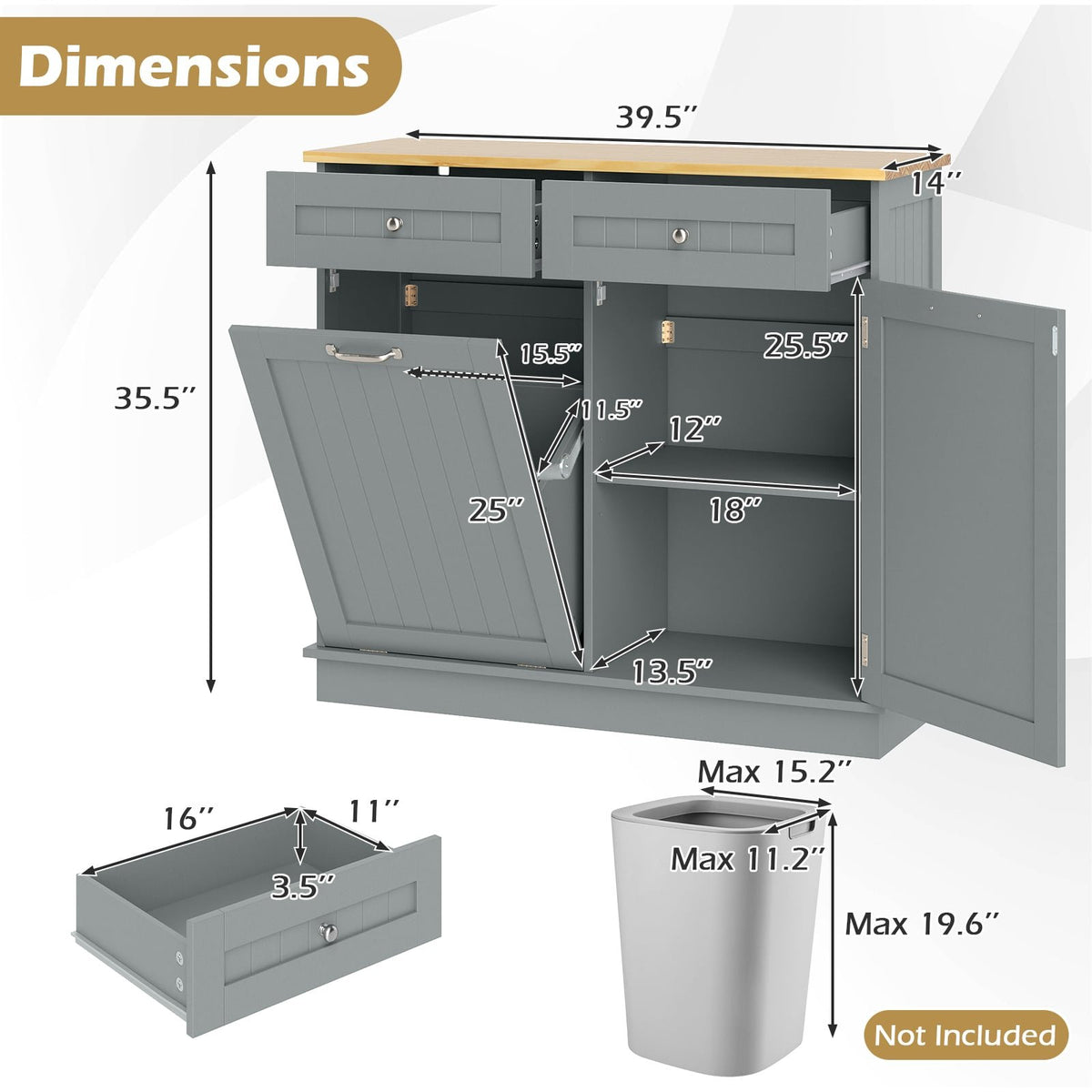 Rubber Wood Kitchen Trash Cabinet with Single Trash Can Holder and Adjustable Shelf-Gray view 5