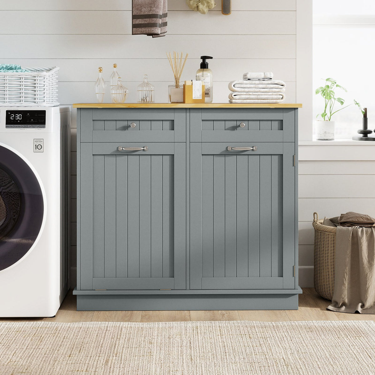 Rubber Wood Kitchen Trash Cabinet with Single Trash Can Holder and Adjustable Shelf-Gray view 6