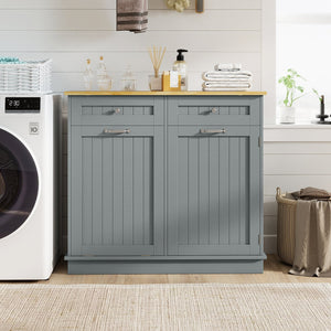 Rubber Wood Kitchen Trash Cabinet with Single Trash Can Holder and Adjustable Shelf-Gray view 6