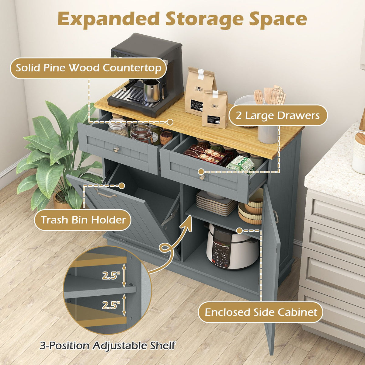Rubber Wood Kitchen Trash Cabinet with Single Trash Can Holder and Adjustable Shelf-Gray view 7