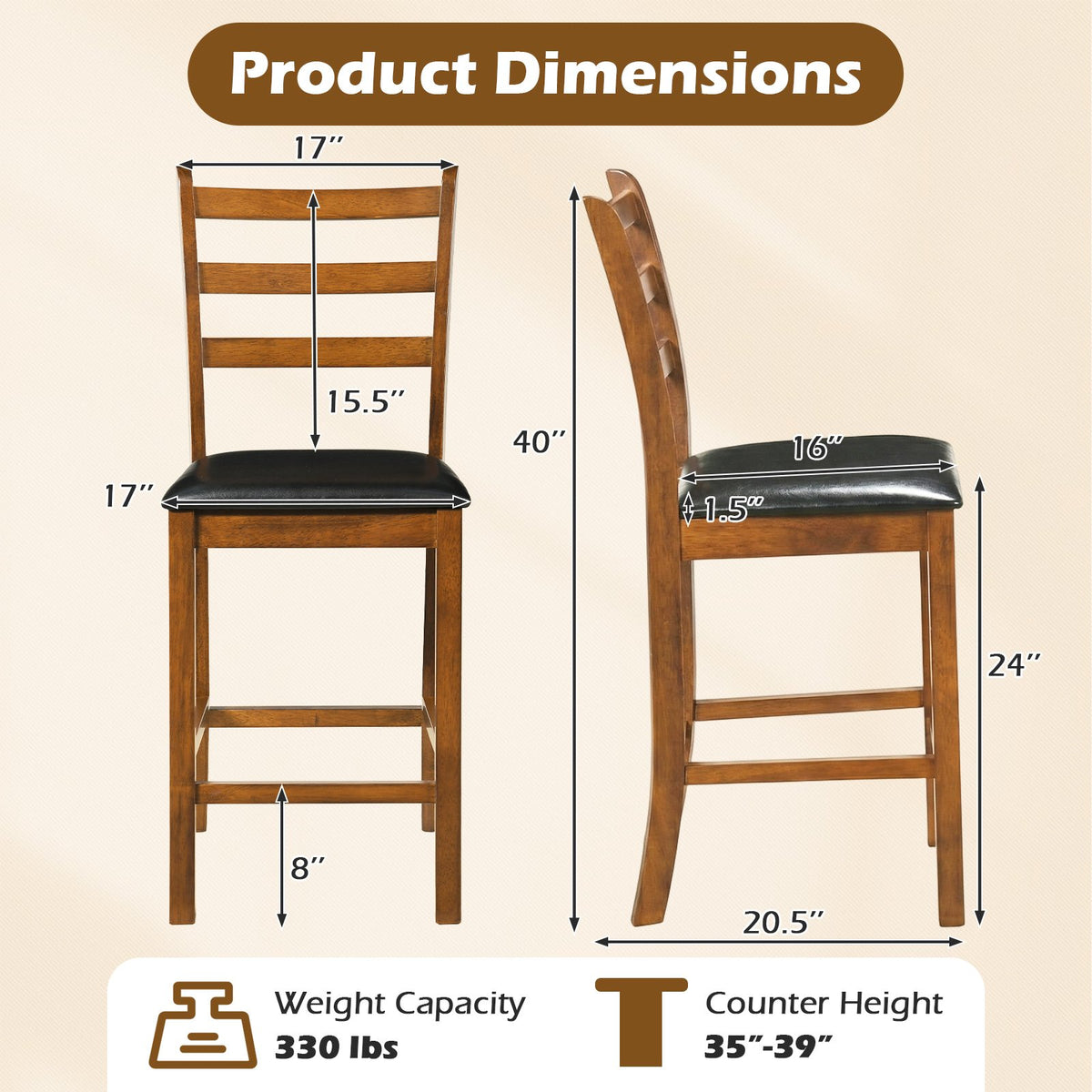 Rubber Wood Ladder Back Bar Stools Set of 2 24inch Counter Height Kitchen Island High Chairs-Walnut view 4