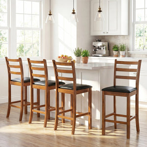 Rubber Wood Ladder Back Bar Stools Set of 2 24inch Counter Height Kitchen Island High Chairs-Walnut view 5