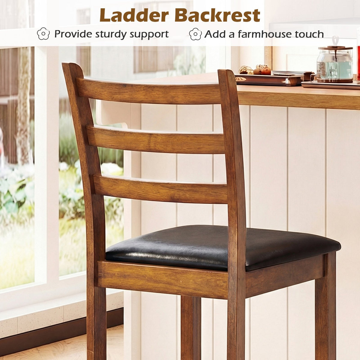 Rubber Wood Ladder Back Bar Stools Set of 2 24inch Counter Height Kitchen Island High Chairs-Walnut view 6