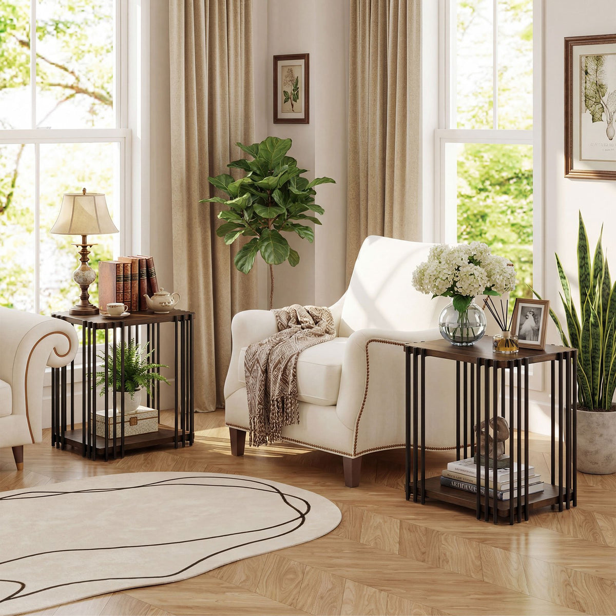 Rubber Wood Side Table Set of 2 with 2-Layer Storage Shelves and Metal Frame-Walnut view 2