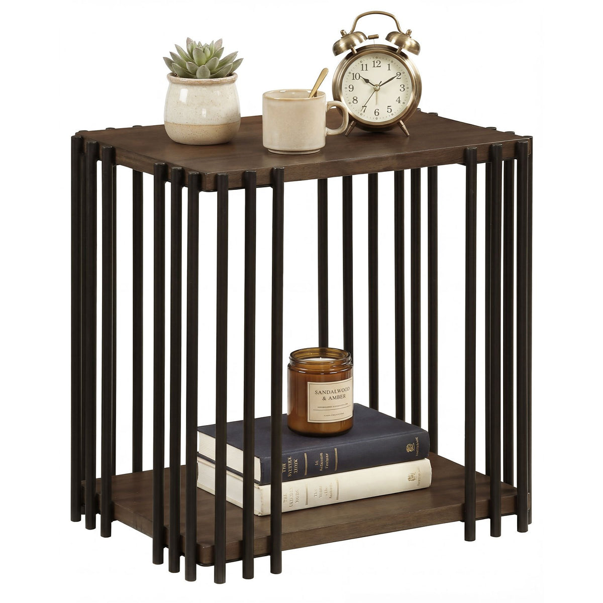 Rubber Wood Side Table with 2-Layer Storage Shelves and Metal Frame-Walnut view 4