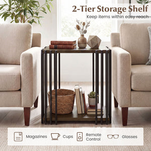 Rubber Wood Side Table with 2-Layer Storage Shelves and Metal Frame-Walnut view 6