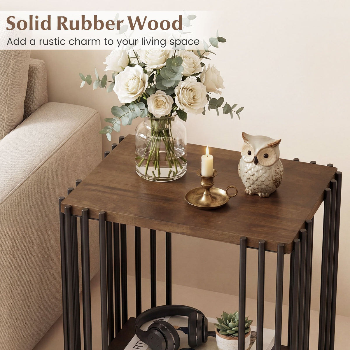 Rubber Wood Side Table with 2-Layer Storage Shelves and Metal Frame-Walnut view 7