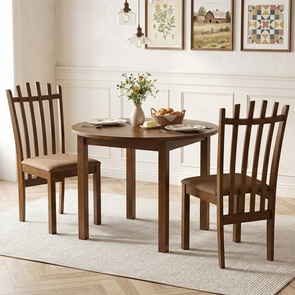 Rubber Wood Slat Back Kitchen Dining Chairs Set of 2-Brown view 2
