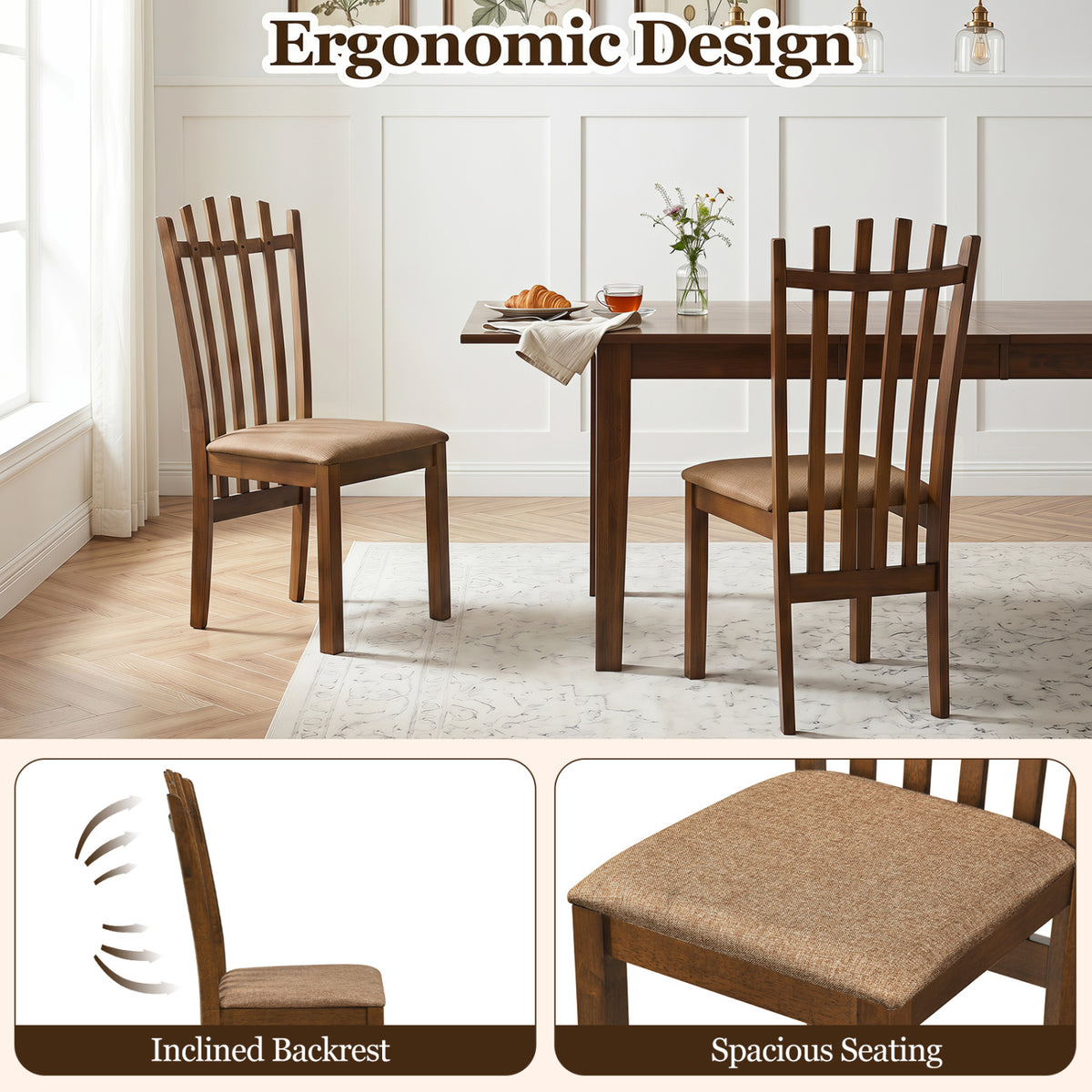 Rubber Wood Slat Back Kitchen Dining Chairs Set of 2-Brown view 7