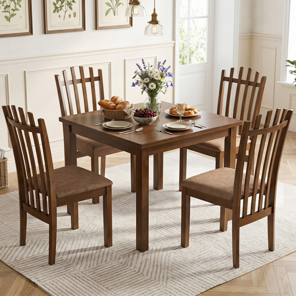 Rubber Wood Slat Back Kitchen Dining Chairs Set of 4-Brown view 2