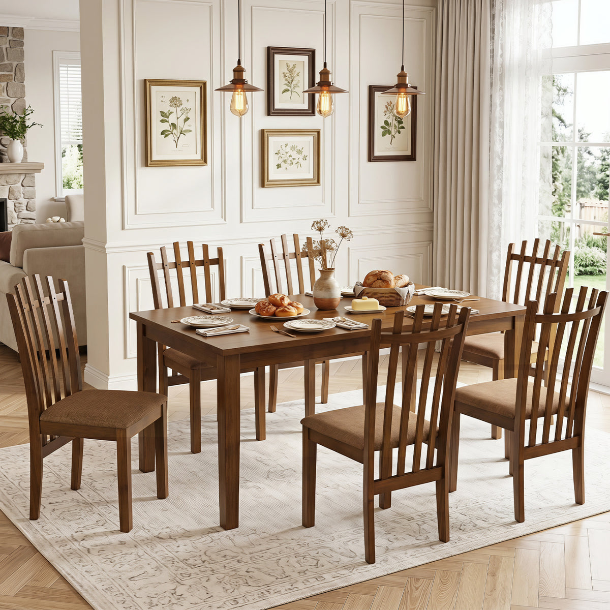 Rubber Wood Slat Back Kitchen Dining Chairs Set of 4-Brown view 3