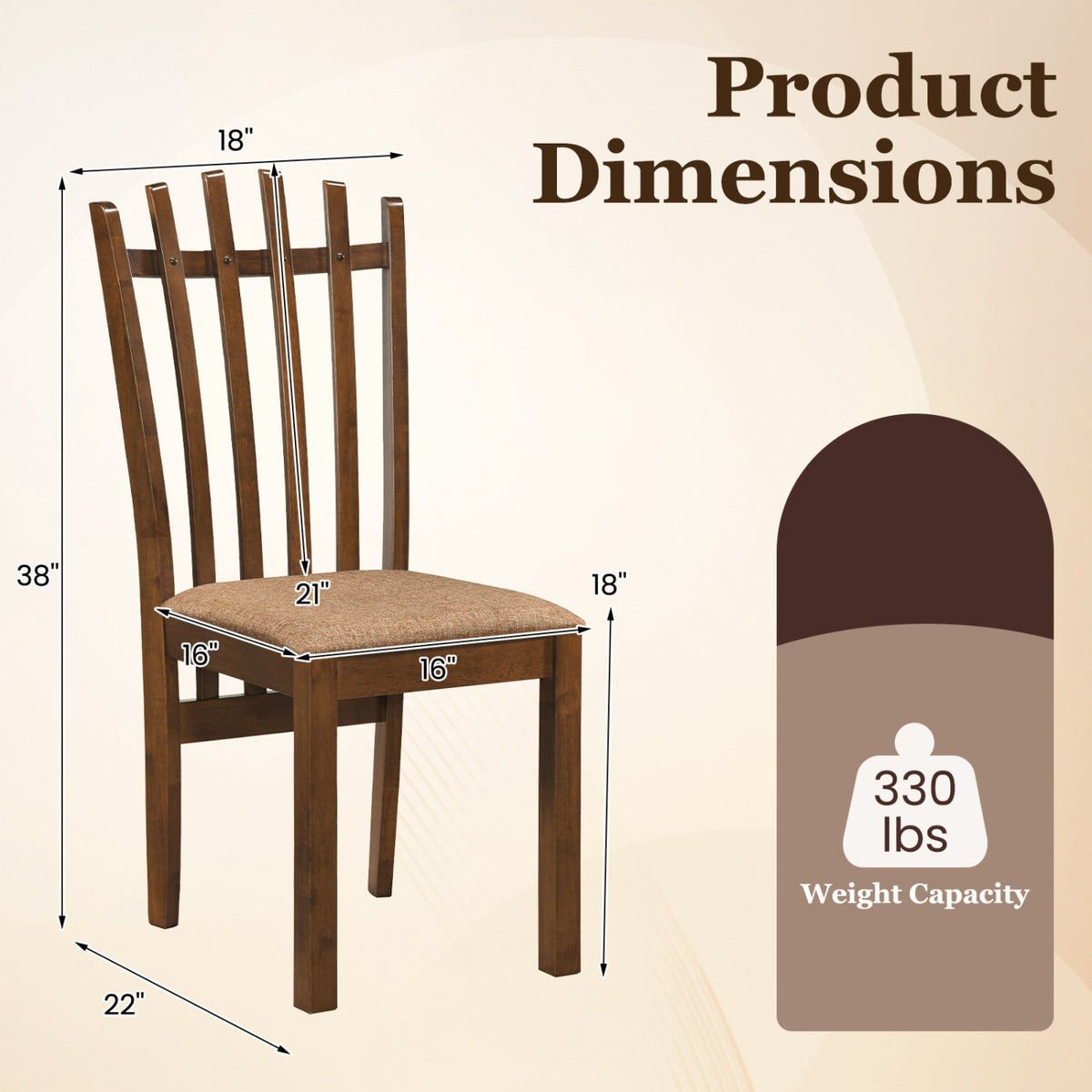 Rubber Wood Slat Back Kitchen Dining Chairs Set of 4-Brown view 4