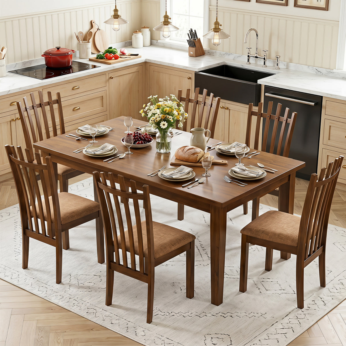 Rubber Wood Slat Back Kitchen Dining Chairs Set of 4-Brown view 5