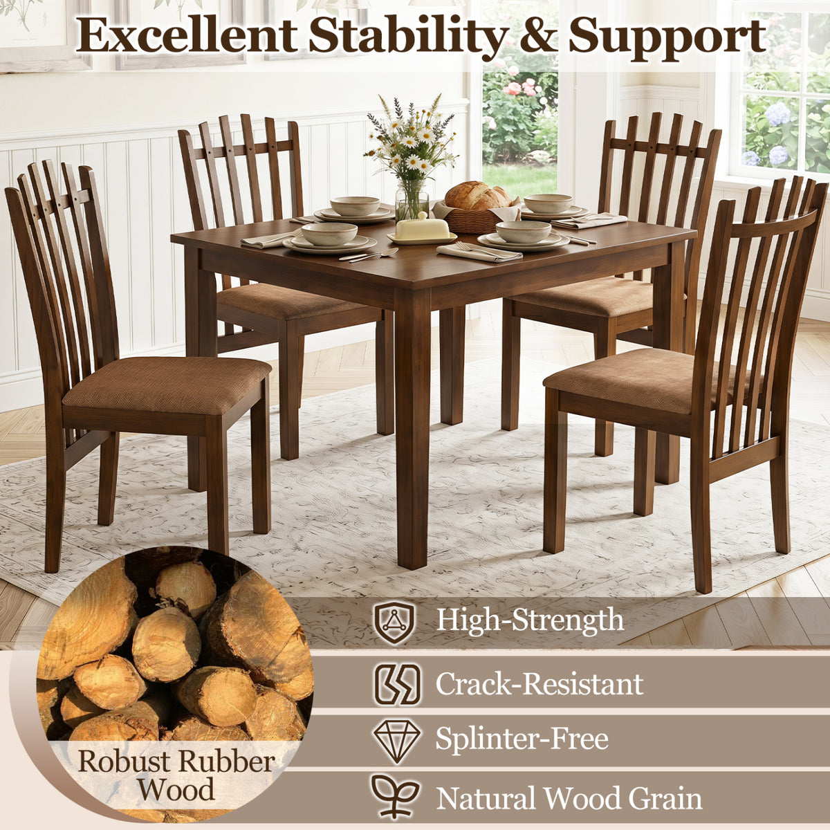 Rubber Wood Slat Back Kitchen Dining Chairs Set of 4-Brown view 6