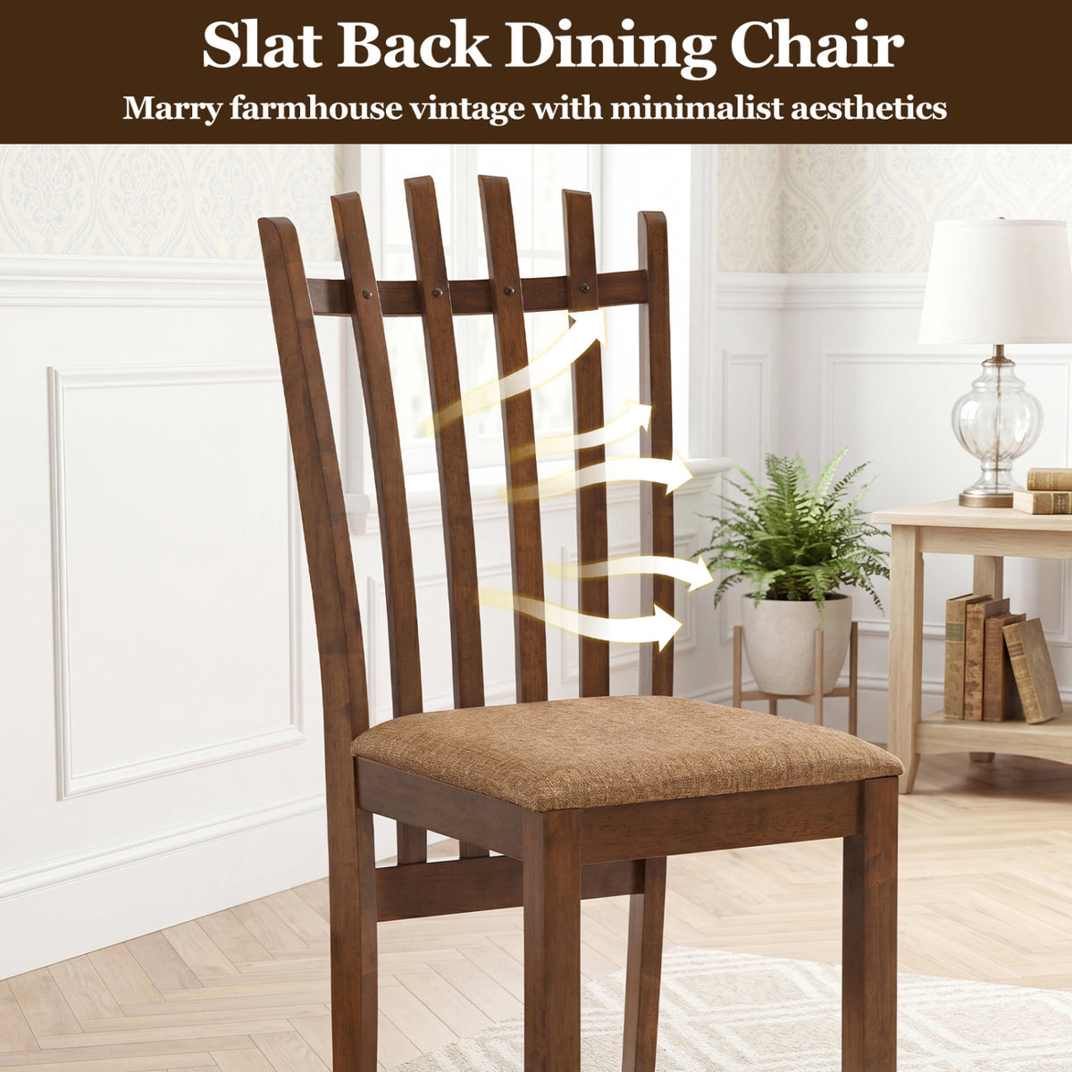 Rubber Wood Slat Back Kitchen Dining Chairs Set of 4-Brown view 7