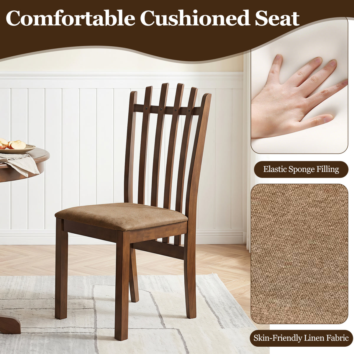 Rubber Wood Slat Back Kitchen Dining Chairs Set of 4-Brown view 8