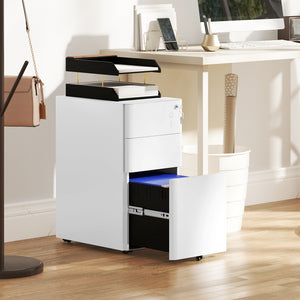3 Drawer Filing Cabinet, Lockable Steel Office Storage Cabinet with Hanging Bar for Letter, A4, Legal Files, White