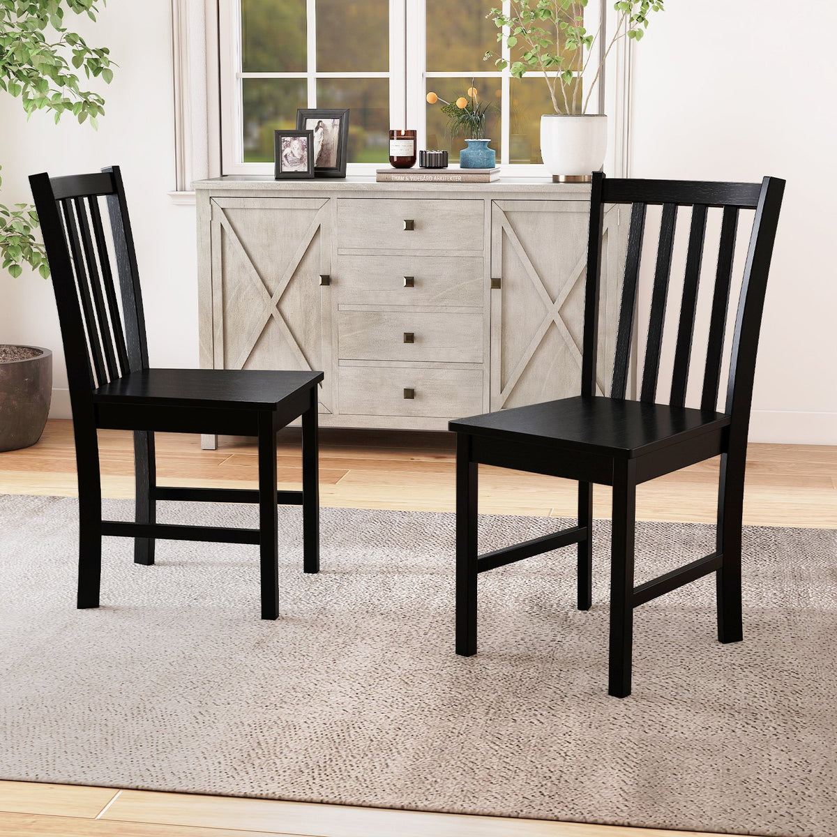 Rustic Dining Chairs Set of 2 Wooden Kitchen Chairs with Slat Tilt Backrest-black view 2