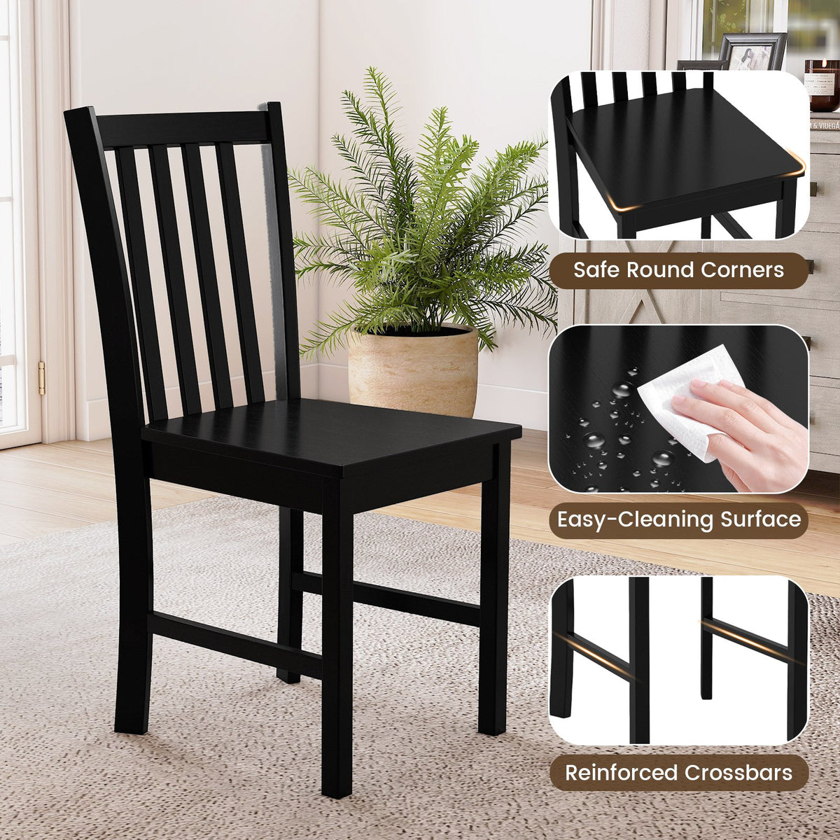 Rustic Dining Chairs Set of 2 Wooden Kitchen Chairs with Slat Tilt Backrest-black view 7