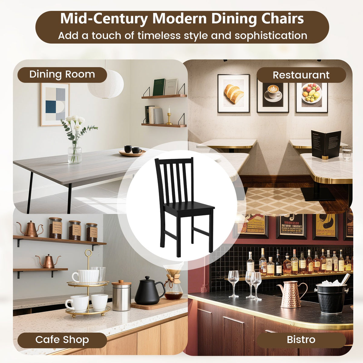 Rustic Dining Chairs Set of 2 Wooden Kitchen Chairs with Slat Tilt Backrest-black view 8