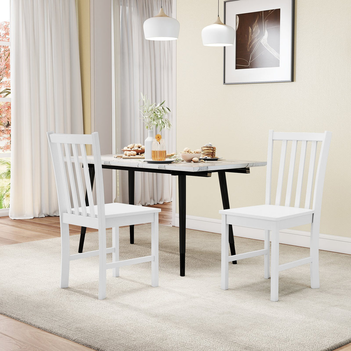 Rustic Dining Chairs Set of 2 Wooden Kitchen Chairs with Slat Tilt Backrest-White view 3