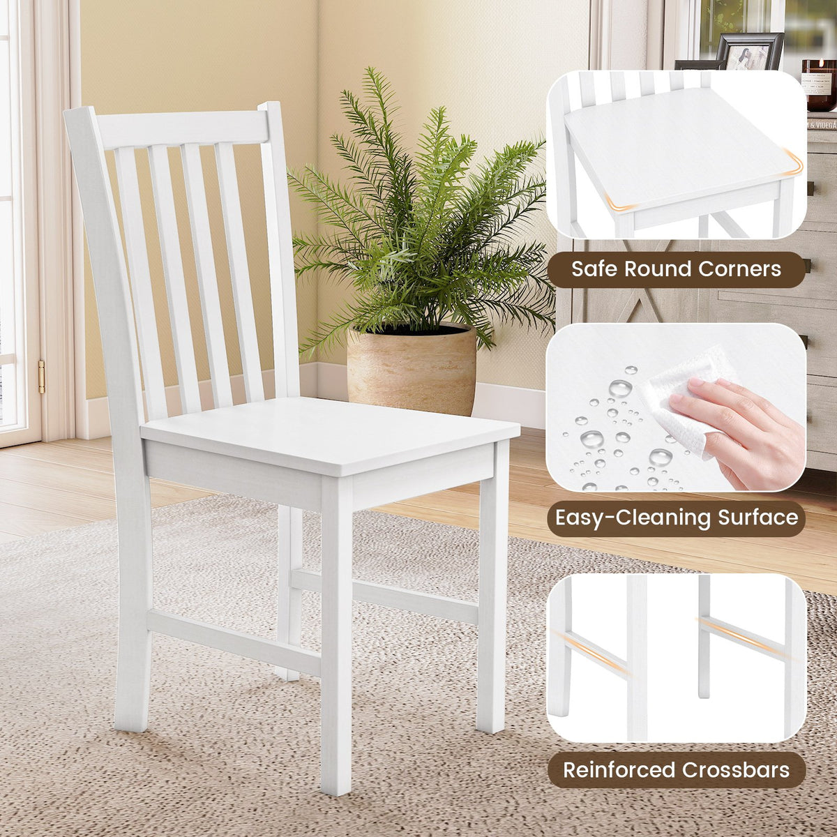 Rustic Dining Chairs Set of 2 Wooden Kitchen Chairs with Slat Tilt Backrest-White view 7