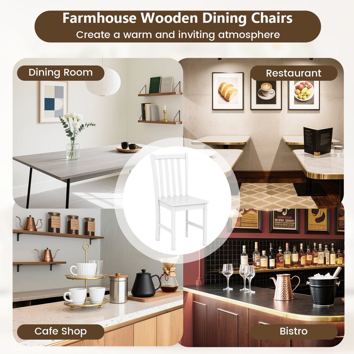 Rustic Dining Chairs Set of 2 Wooden Kitchen Chairs with Slat Tilt Backrest-White view 8