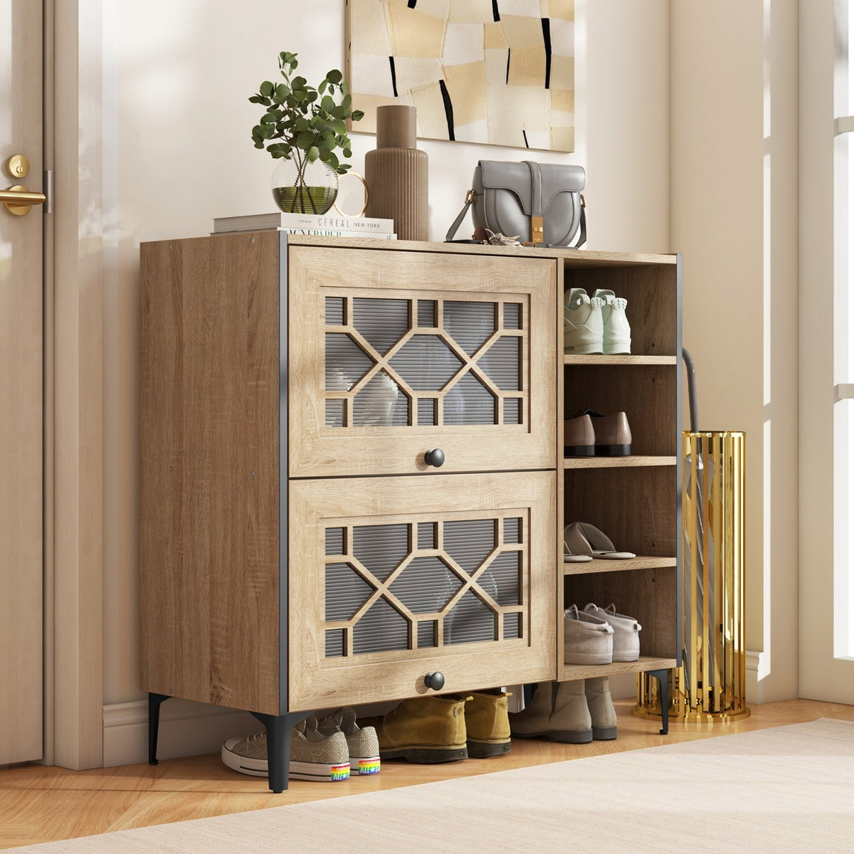Rustic Shoe Cabinet with Flip-up See-through Doors and Adjustable Shelves-Oak view 2