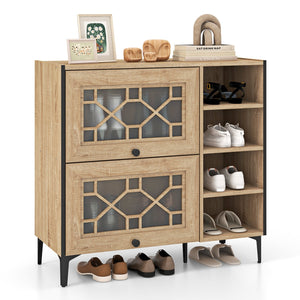 Rustic Shoe Cabinet with Flip-up See-through Doors and Adjustable Shelves-Oak view 4