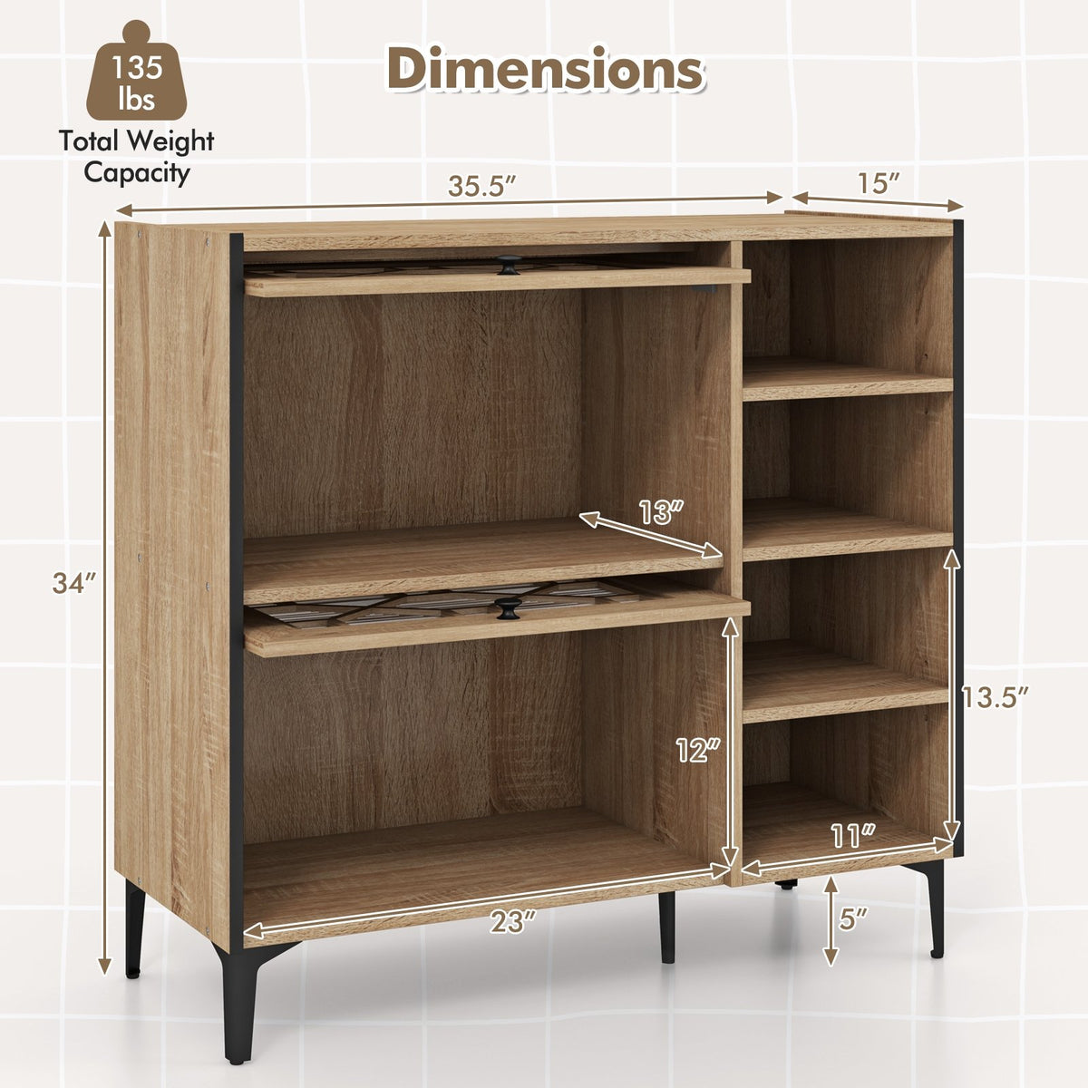 Rustic Shoe Cabinet with Flip-up See-through Doors and Adjustable Shelves-Oak view 5
