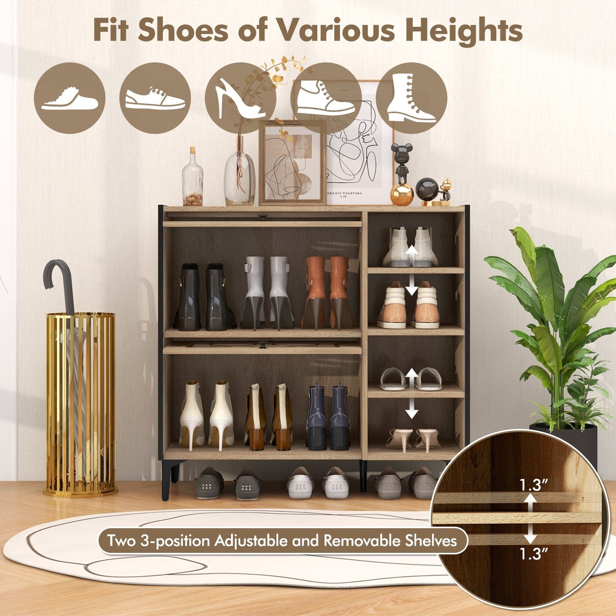 Rustic Shoe Cabinet with Flip-up See-through Doors and Adjustable Shelves-Oak view 6