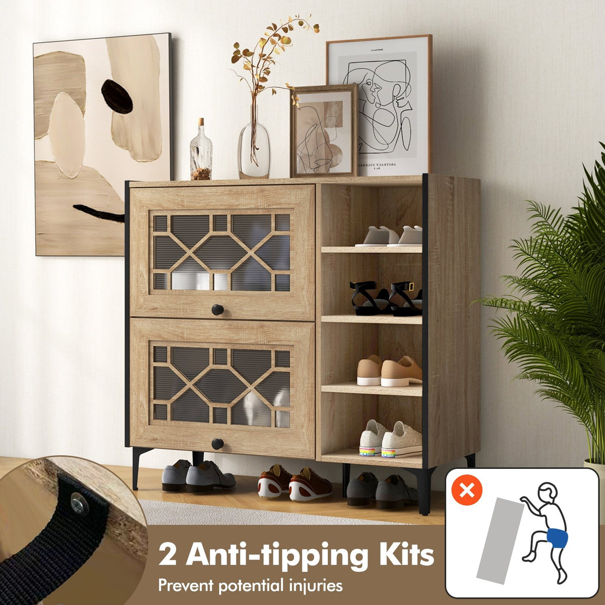 Rustic Shoe Cabinet with Flip-up See-through Doors and Adjustable Shelves-Oak view 7