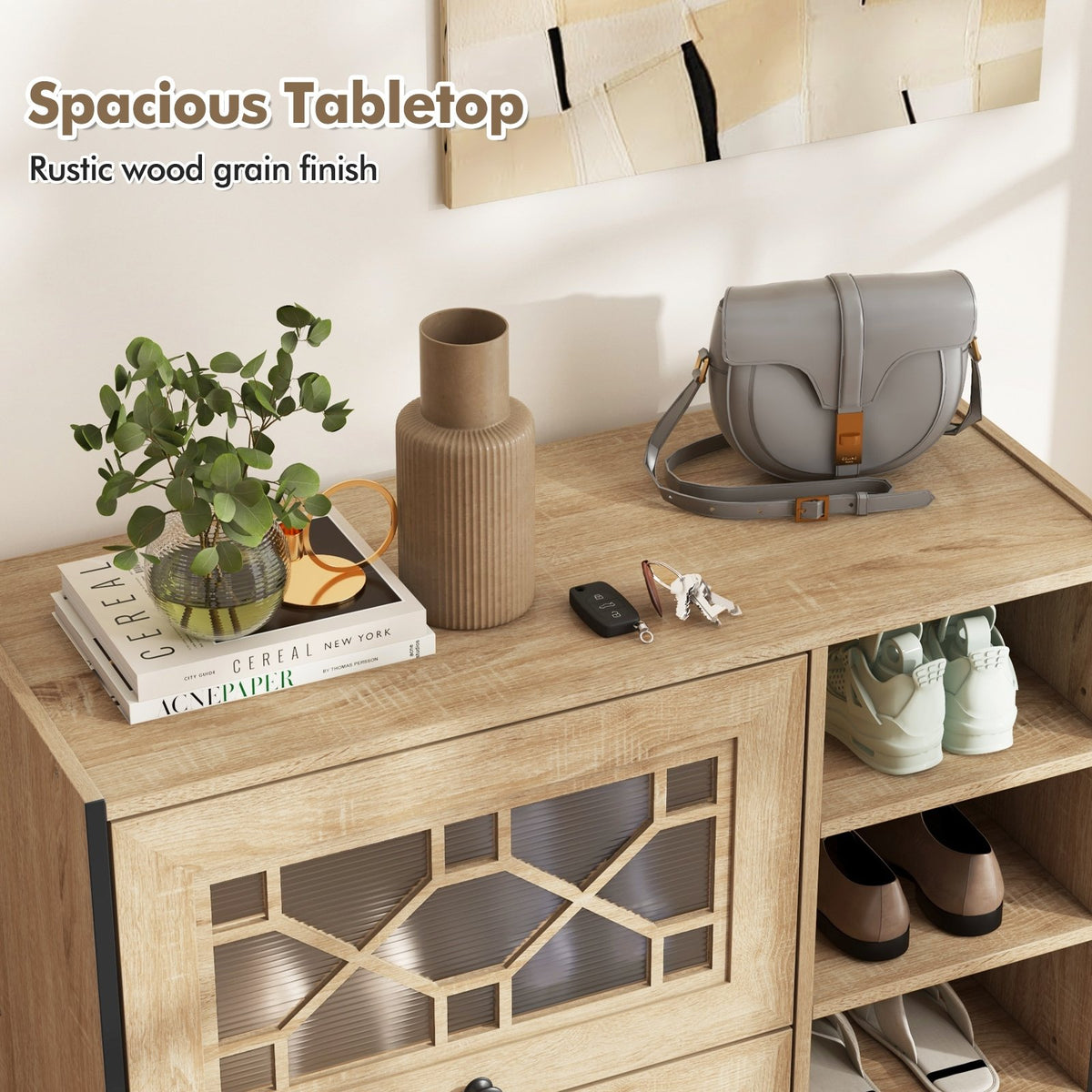 Rustic Shoe Cabinet with Flip-up See-through Doors and Adjustable Shelves-Oak view 8