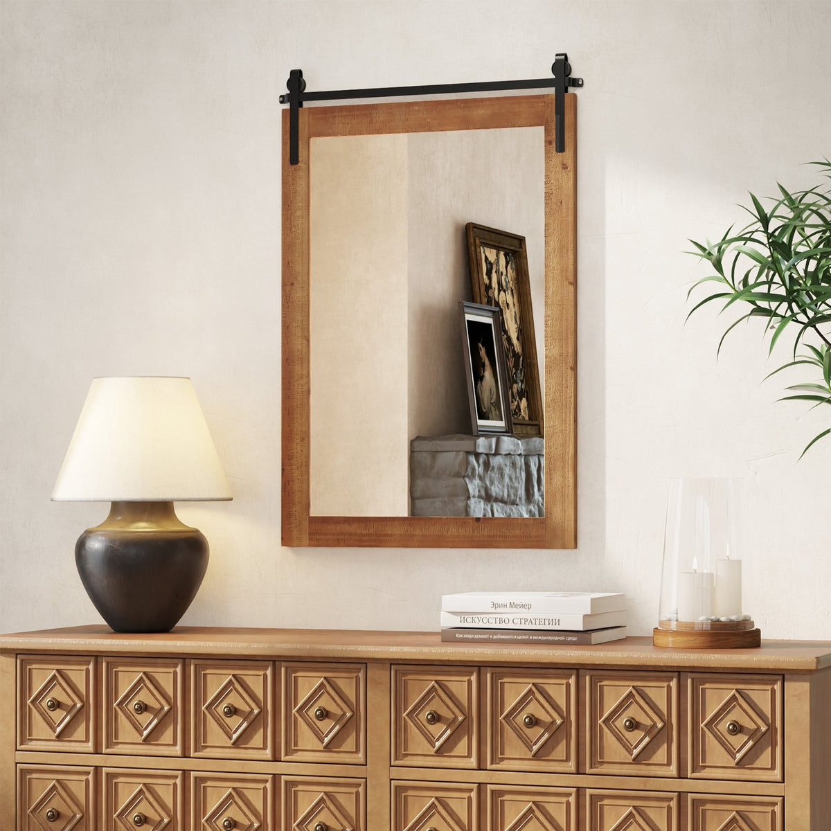 Rustic Wood Frame Barn Door Style Farmhouse Wall Mirror-Brown view 3