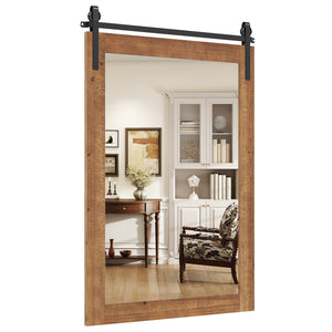 Rustic Wood Frame Barn Door Style Farmhouse Wall Mirror-Brown view 4