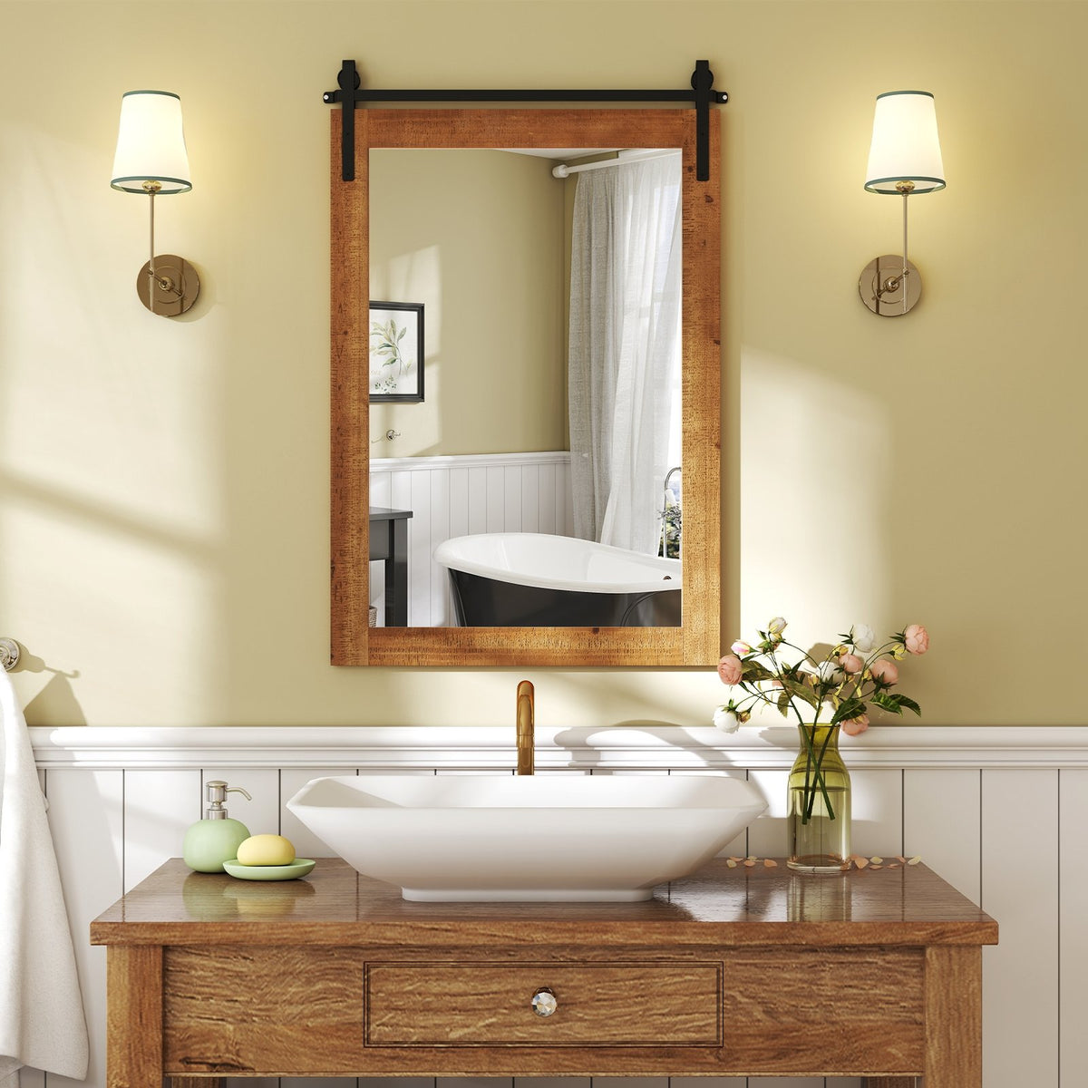 Rustic Wood Frame Barn Door Style Farmhouse Wall Mirror-Brown view 6