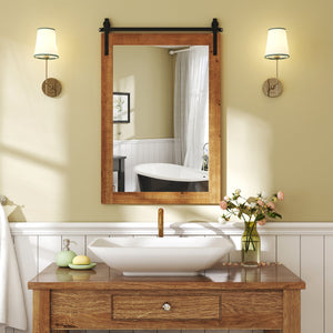 Rustic Wood Frame Barn Door Style Farmhouse Wall Mirror-Brown view 6