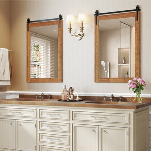 Rustic Wood Frame Barn Door Style Farmhouse Wall Mirror-Brown view 7