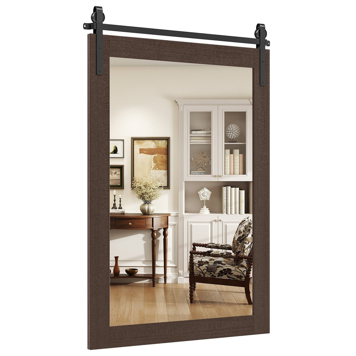 Rustic Wood Frame Barn Door Style Farmhouse Wall Mirror-Walnut