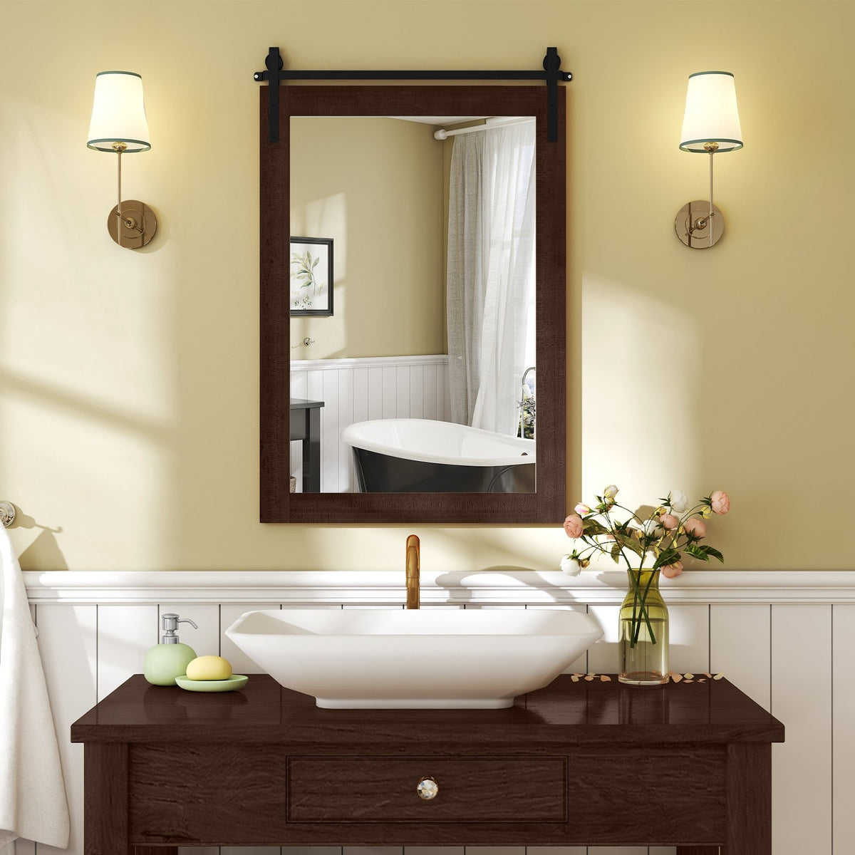 Rustic Wood Frame Barn Door Style Farmhouse Wall Mirror-Walnut view 2