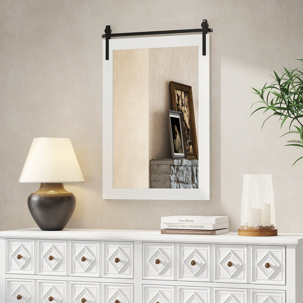 Rustic Wood Frame Barn Door Style Farmhouse Wall Mirror-White view 7