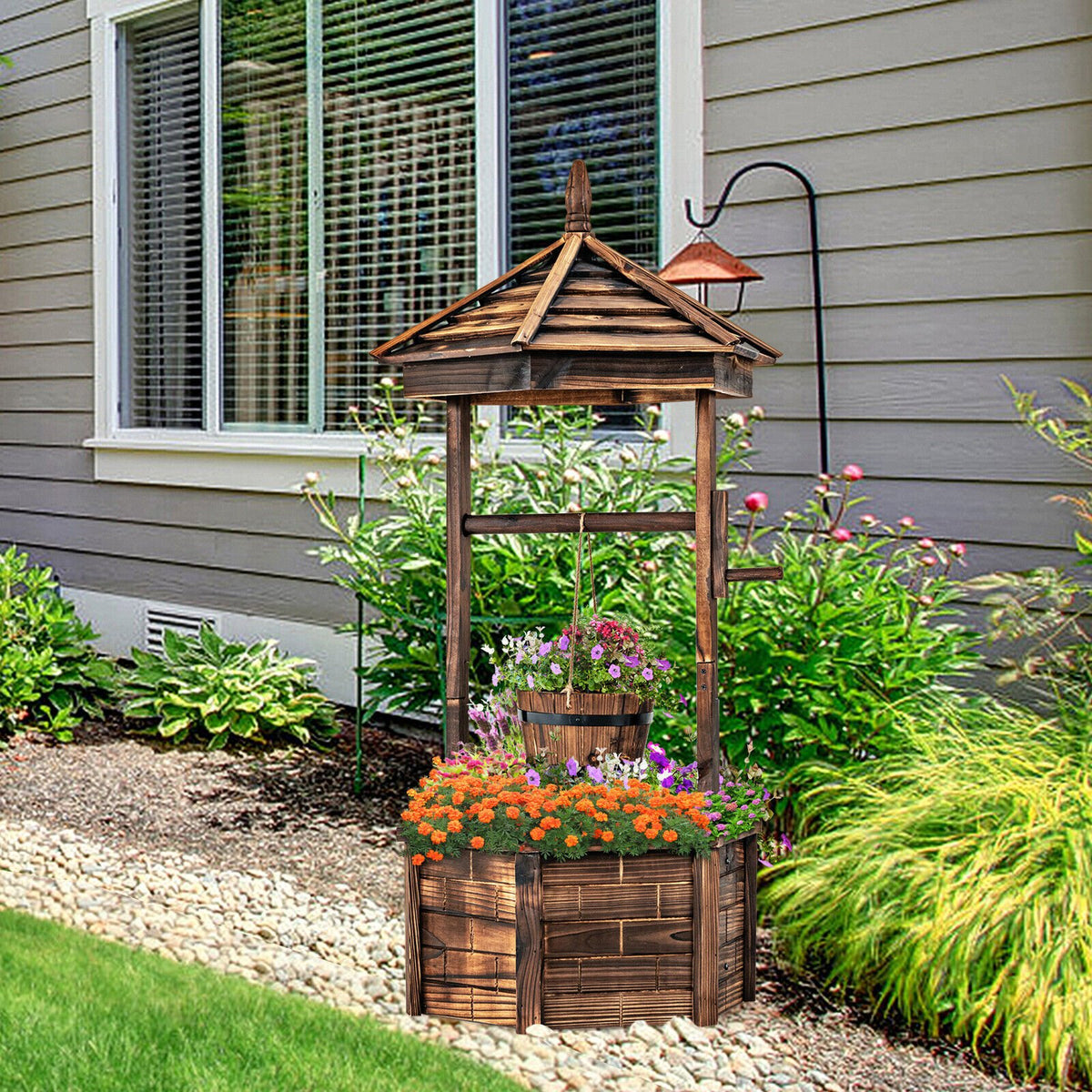 Rustic Wooden Wishing Well with Adjustable Hanging Bucket-Brown view 2