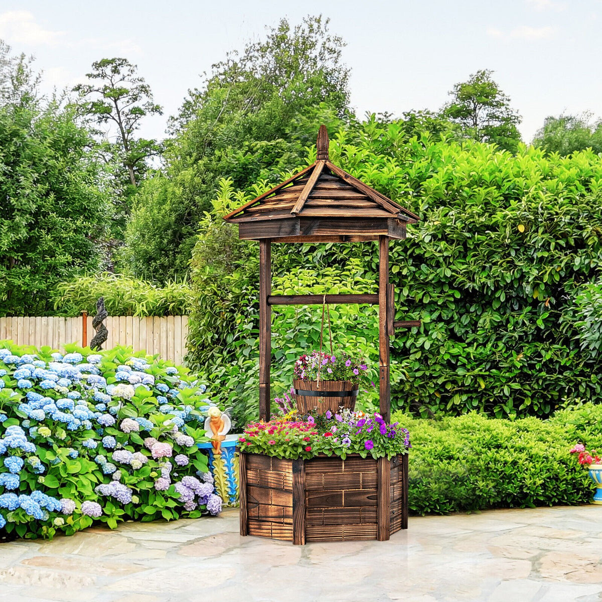 Rustic Wooden Wishing Well with Adjustable Hanging Bucket-Brown view 3
