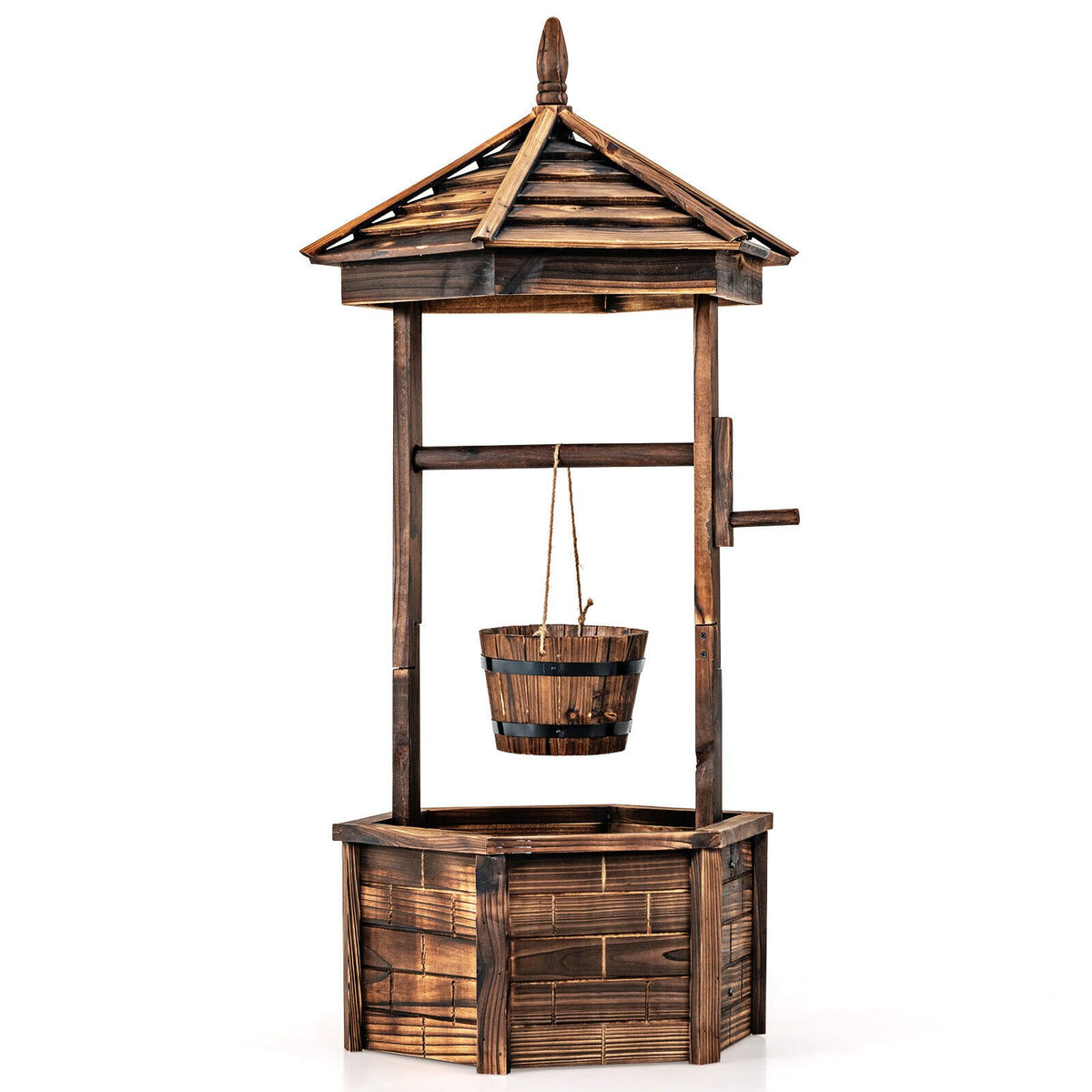 Rustic Wooden Wishing Well with Adjustable Hanging Bucket-Brown view 4