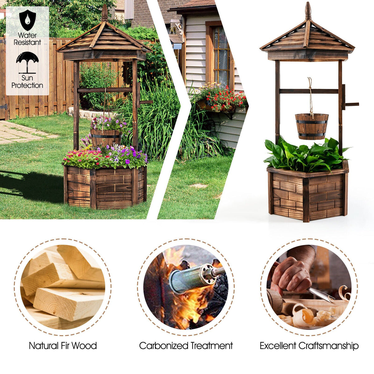 Rustic Wooden Wishing Well with Adjustable Hanging Bucket-Brown view 6