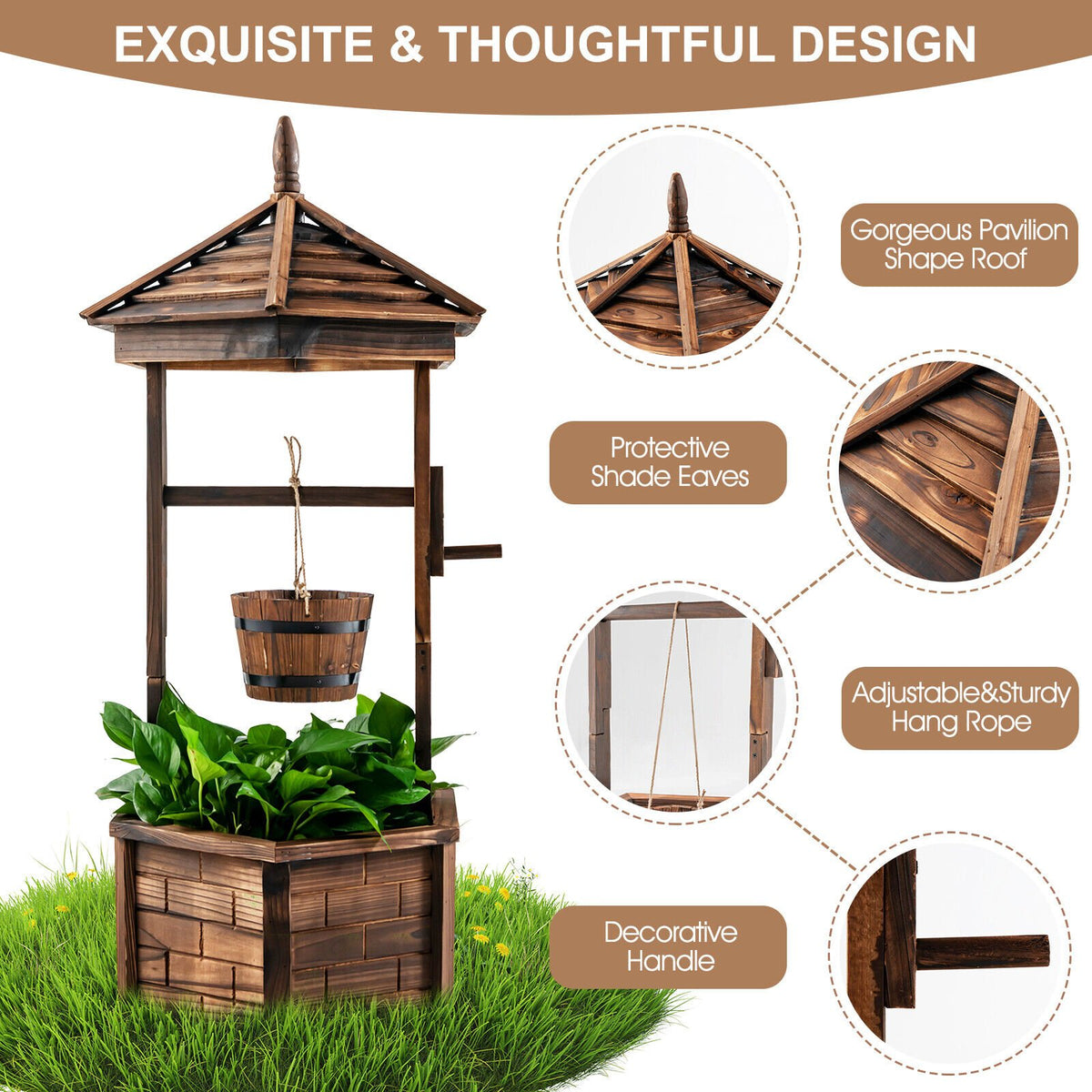 Rustic Wooden Wishing Well with Adjustable Hanging Bucket-Brown view 9